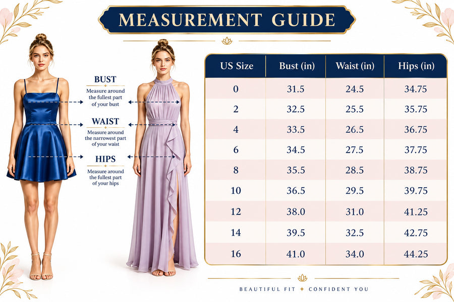 XALPHEOR dress size chart US2 to US26W with bust, waist and hip measurements
