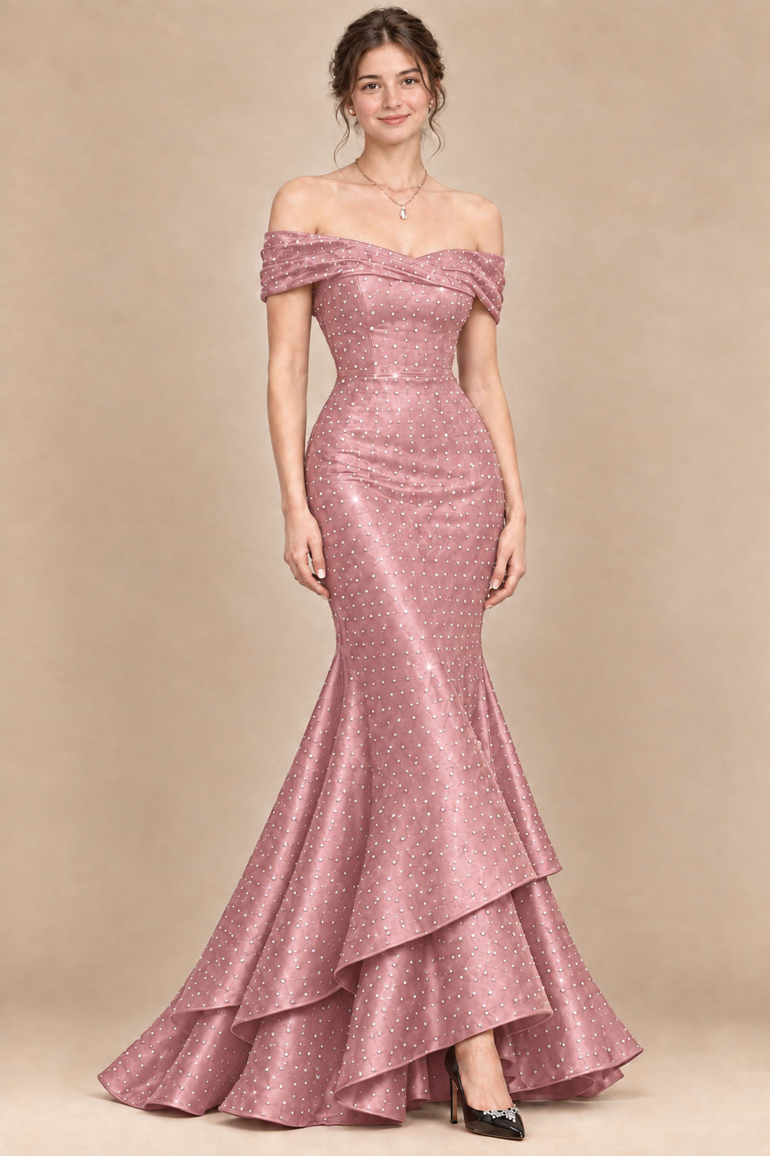 Dusty rose satin rhinestone off-the-shoulder mermaid prom dress, front view
