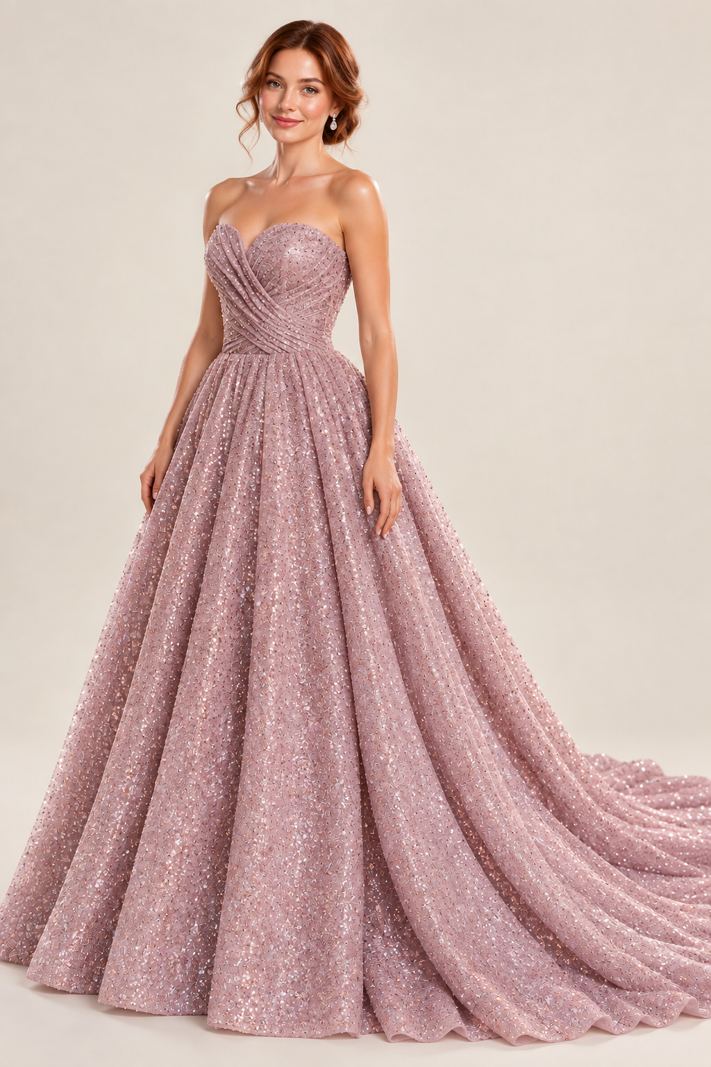 dusty rose royal blue glitter tulle strapless sweetheart ball gown prom dress with draped bodice and chapel train, front view
