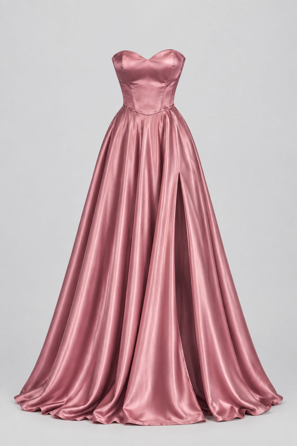dusty rose satin sweetheart A-line prom dress front view with slit