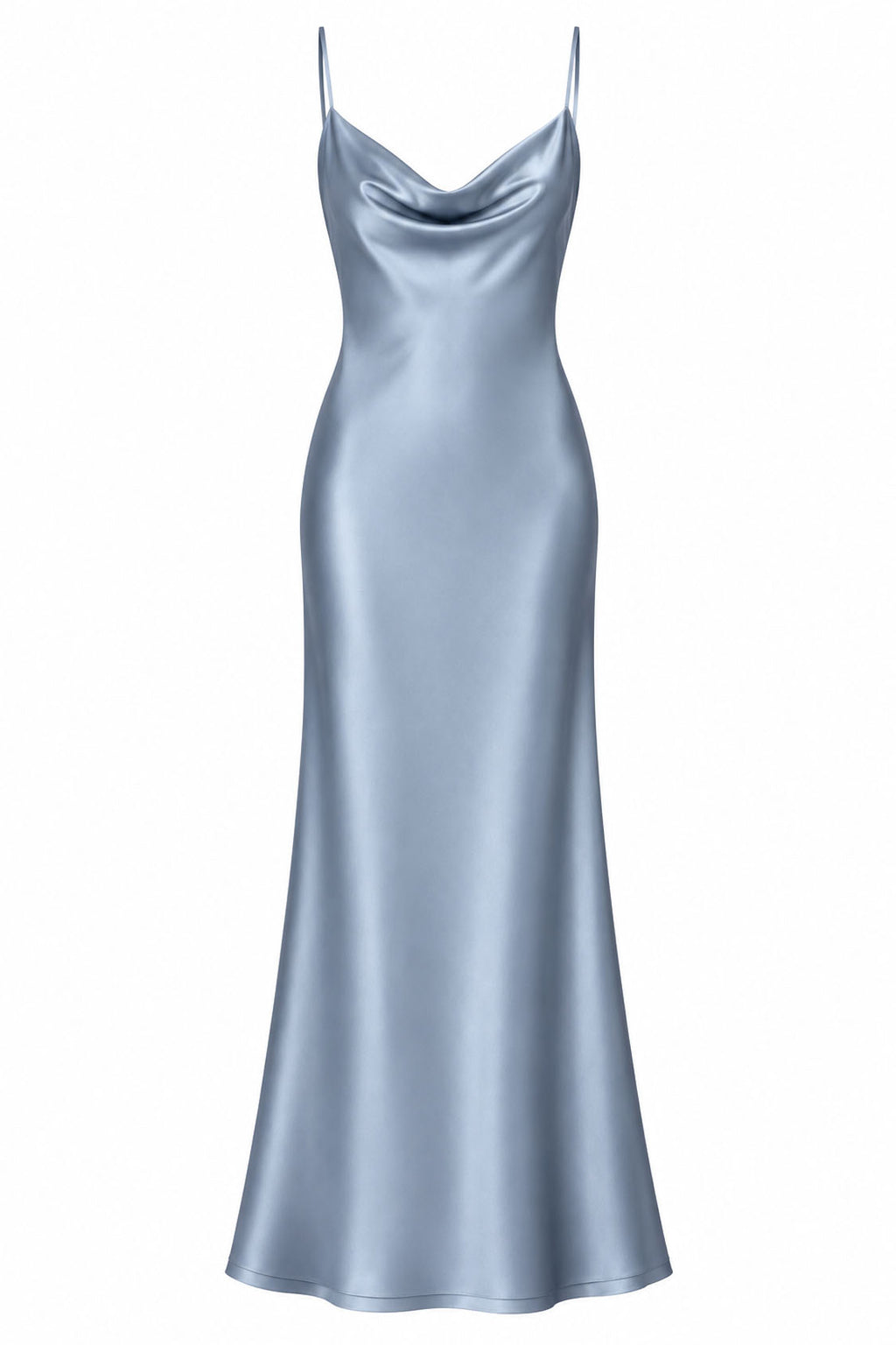 dusty blue Satin Cowl Neck Mermaid Midi Dress – Front View