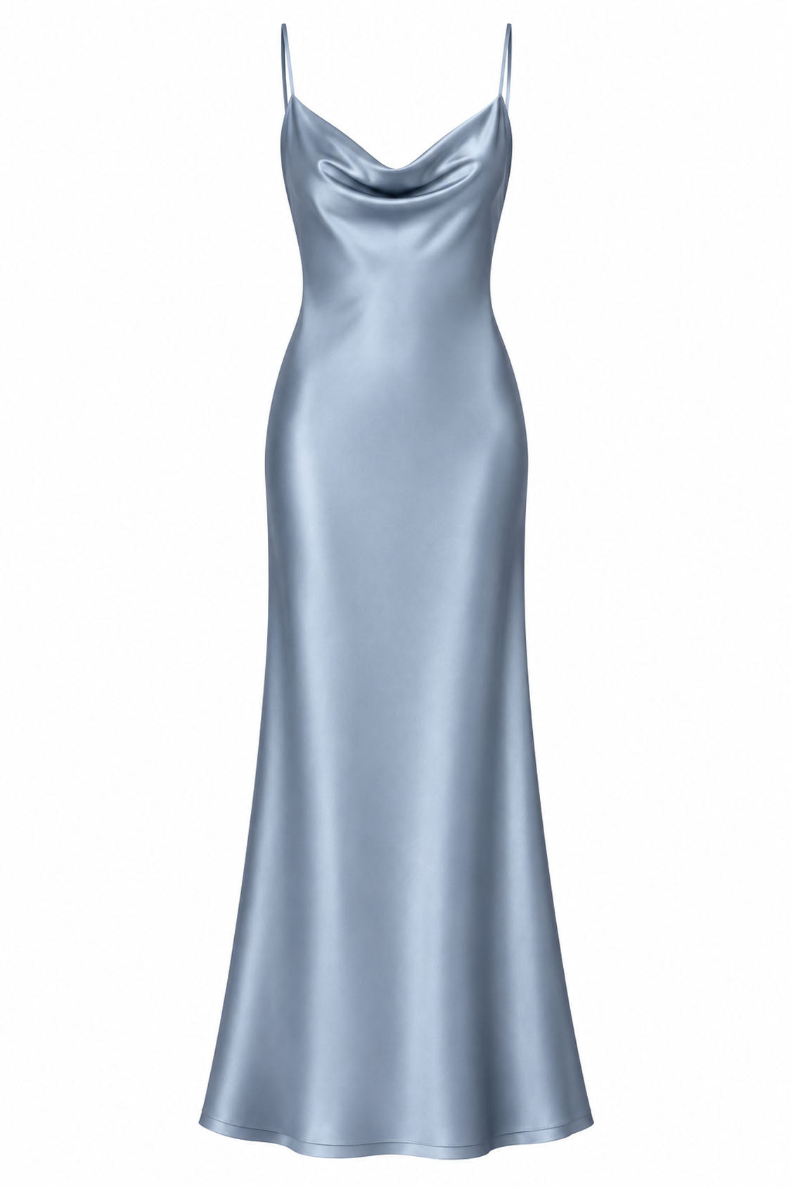 dusty blue Satin Cowl Neck Mermaid Midi Dress – Front View