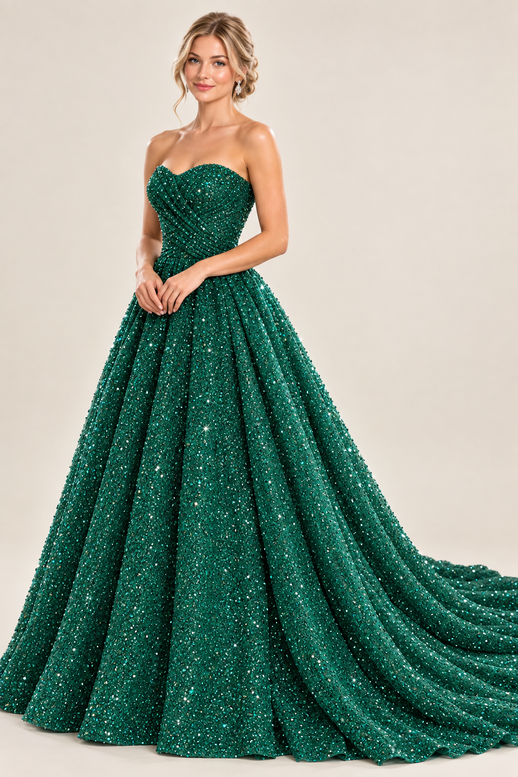emerald greenglitter tulle strapless sweetheart ball gown prom dress with draped bodice and chapel train, front view