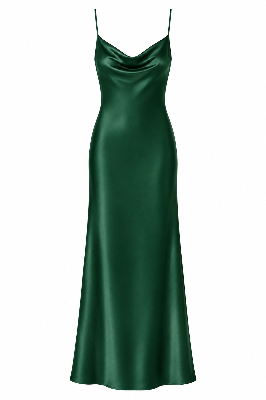 emerald-green Satin Cowl Neck Mermaid Midi Dress – Front View