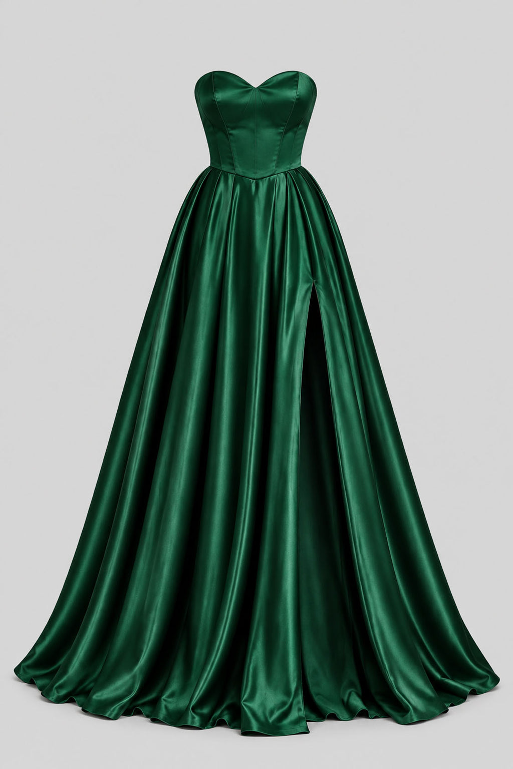 emerald satin sweetheart A-line prom dress front view with slit