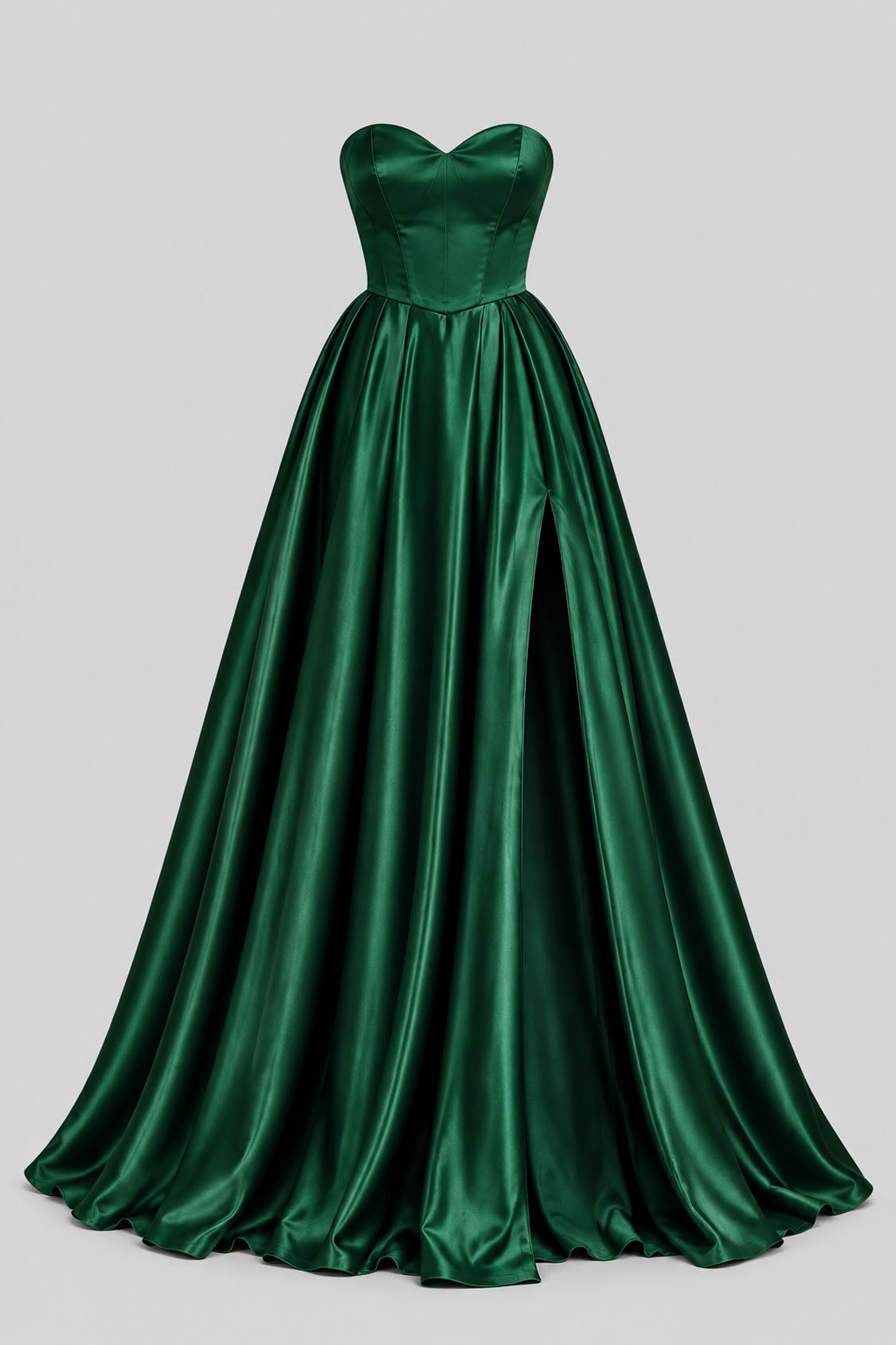 emerald satin sweetheart A-line prom dress front view with slit