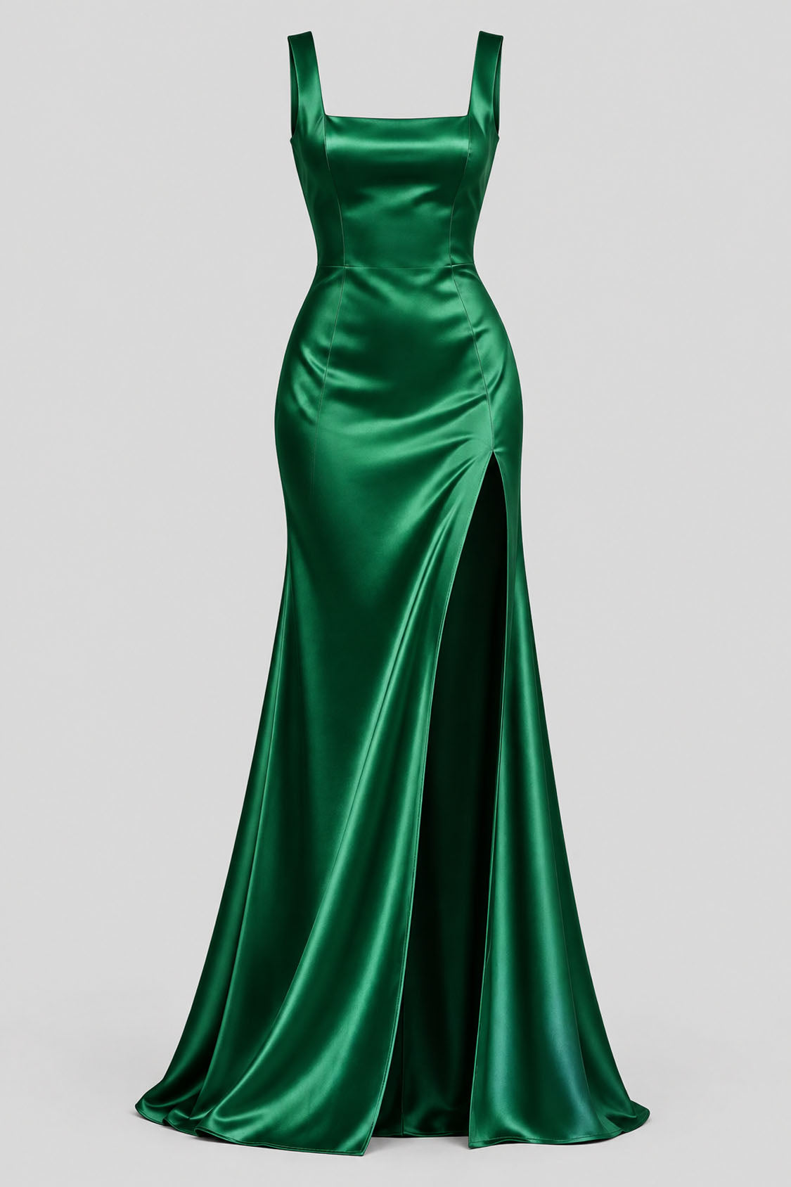 emerald green satin square neck mermaid evening dress with high slit, front view
