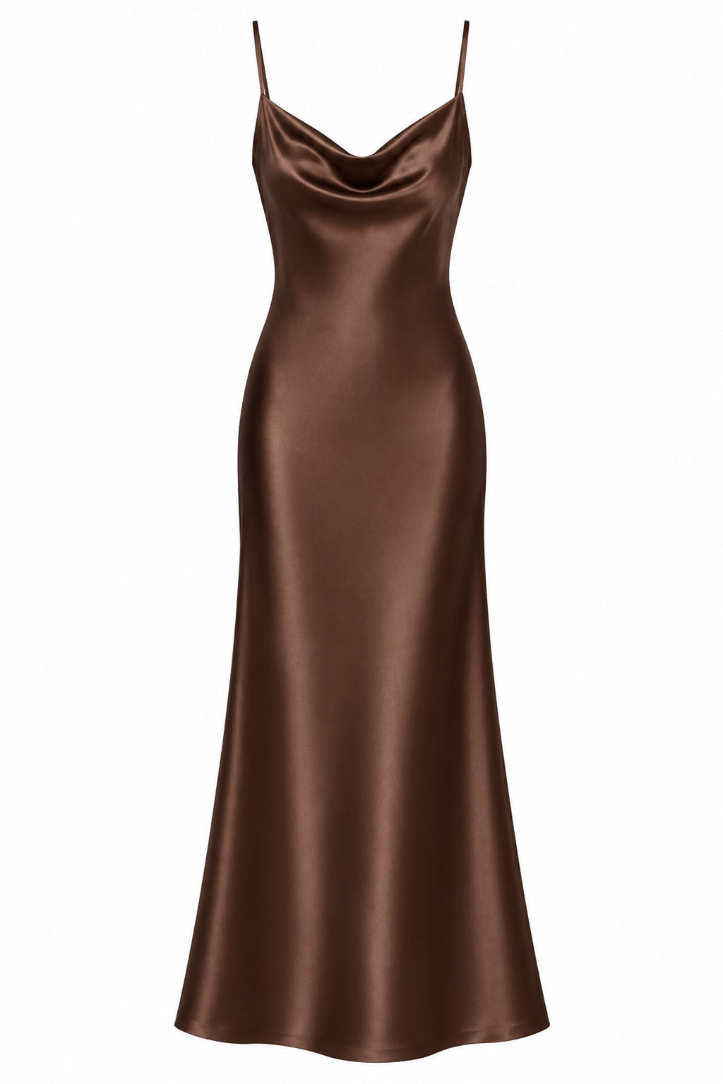 chocolate Satin Cowl Neck Mermaid Midi Dress – Front View