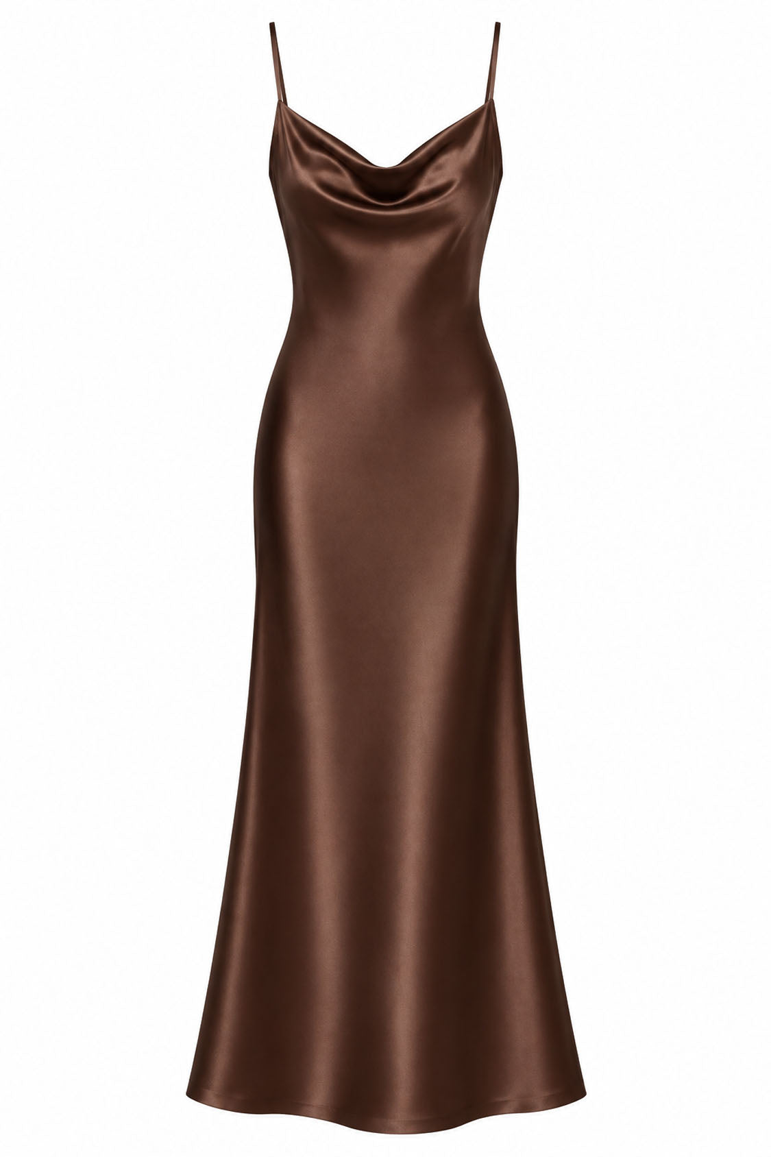 chocolate Satin Cowl Neck Mermaid Midi Dress – Front View