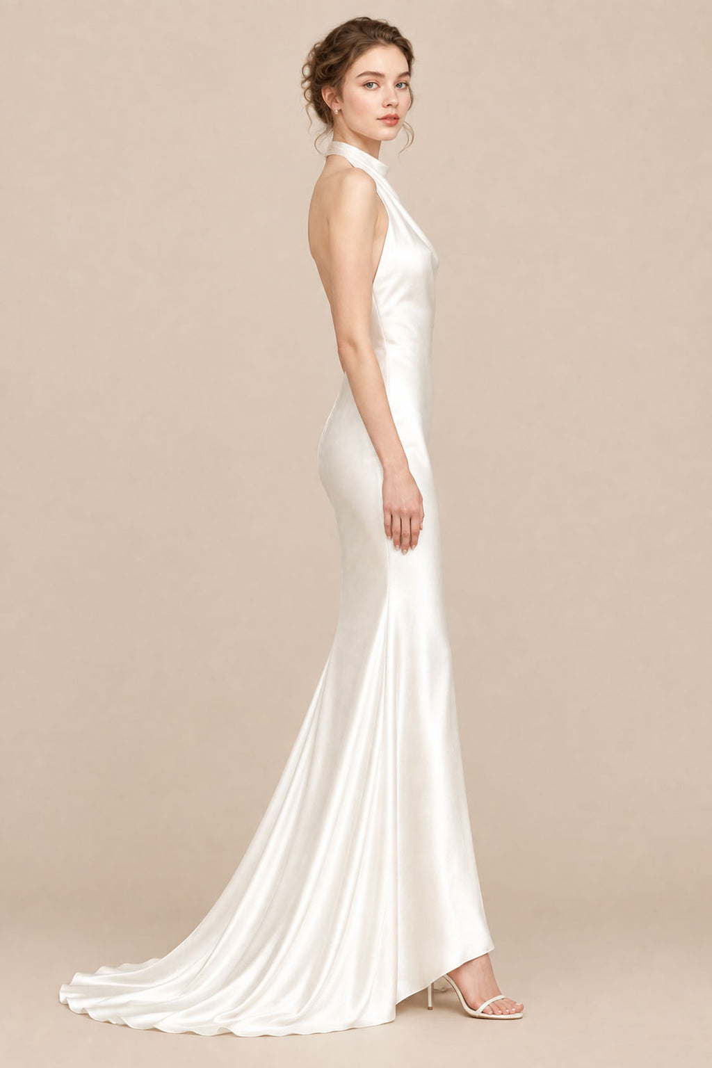 Ivory liquid satin high neck mermaid wedding dress, side profile showing fitted bodice and flared train