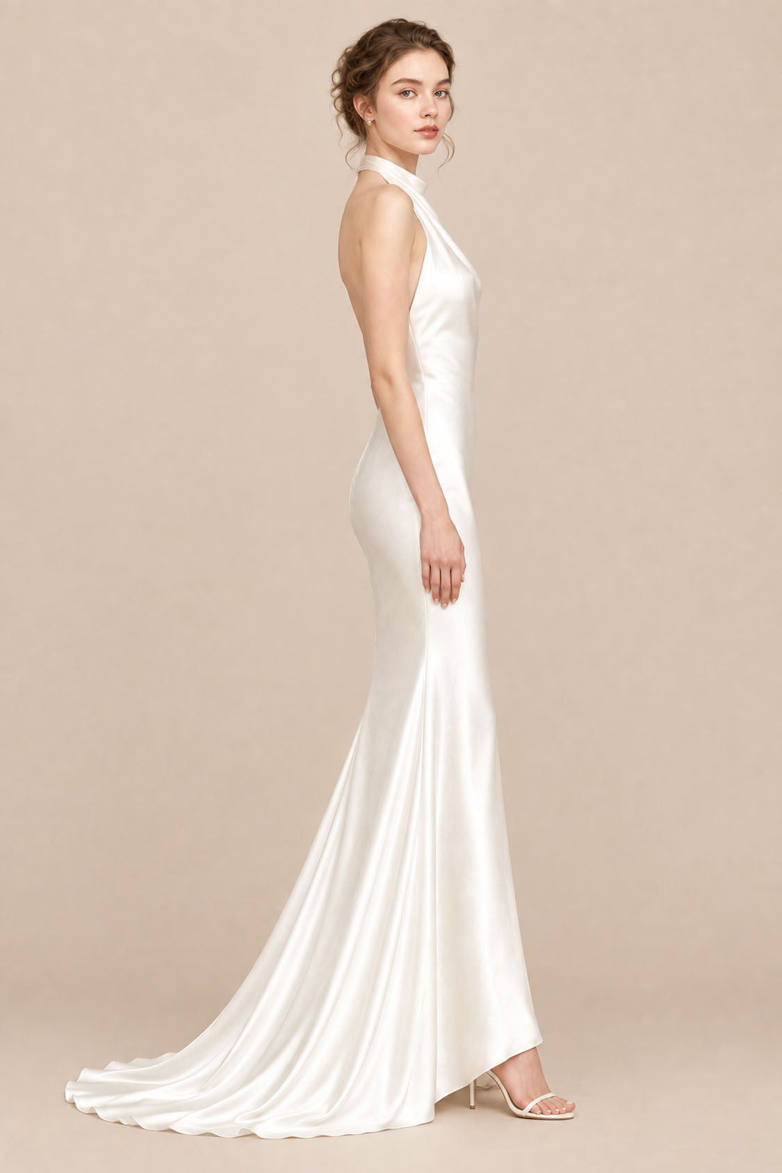 Ivory liquid satin high neck mermaid wedding dress, side profile showing fitted bodice and flared train