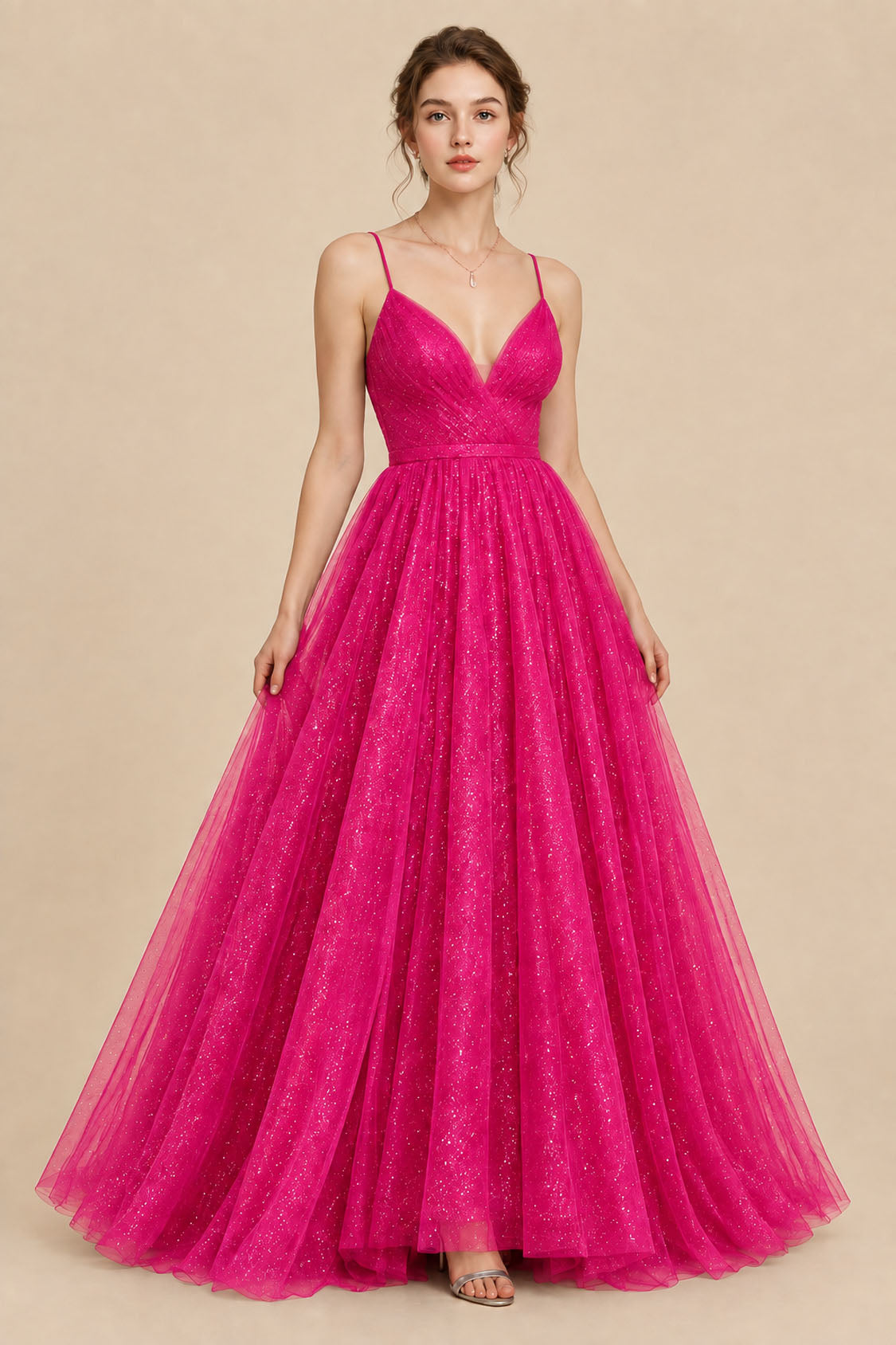 hot pink glitter tulle V-neck ball gown prom dress, front view