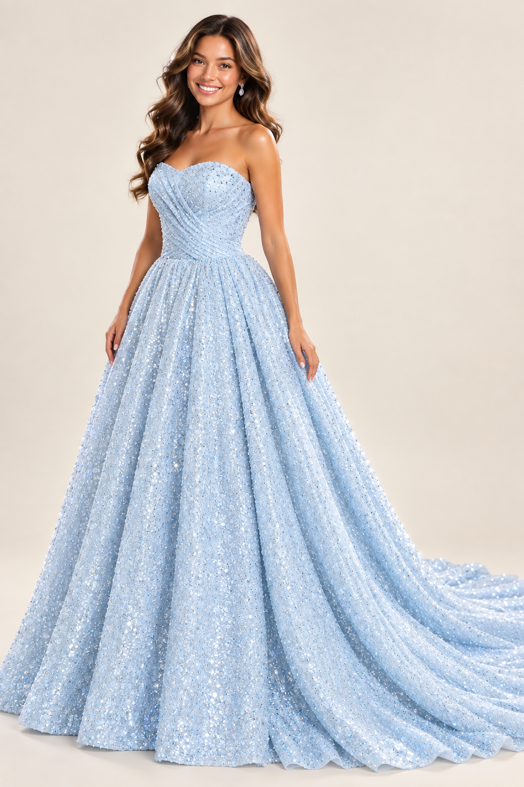 blue royal blue glitter tulle strapless sweetheart ball gown prom dress with draped bodice and chapel train, front view