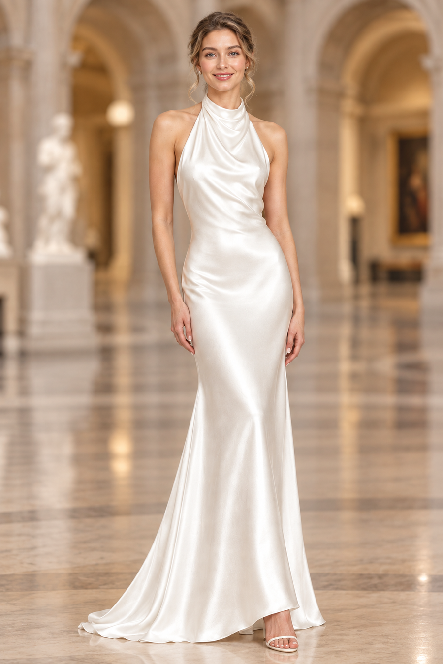 AI-generated styling concept of ivory halter cowl neck liquid satin mermaid wedding dress, size US 8