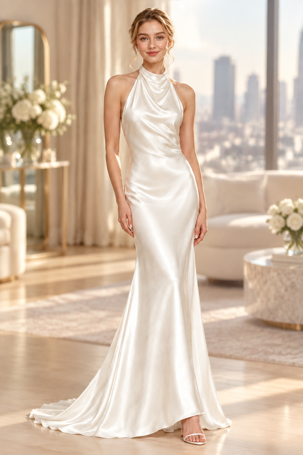 Ivory halter cowl neck liquid satin mermaid wedding dress, size US 2 on-model look