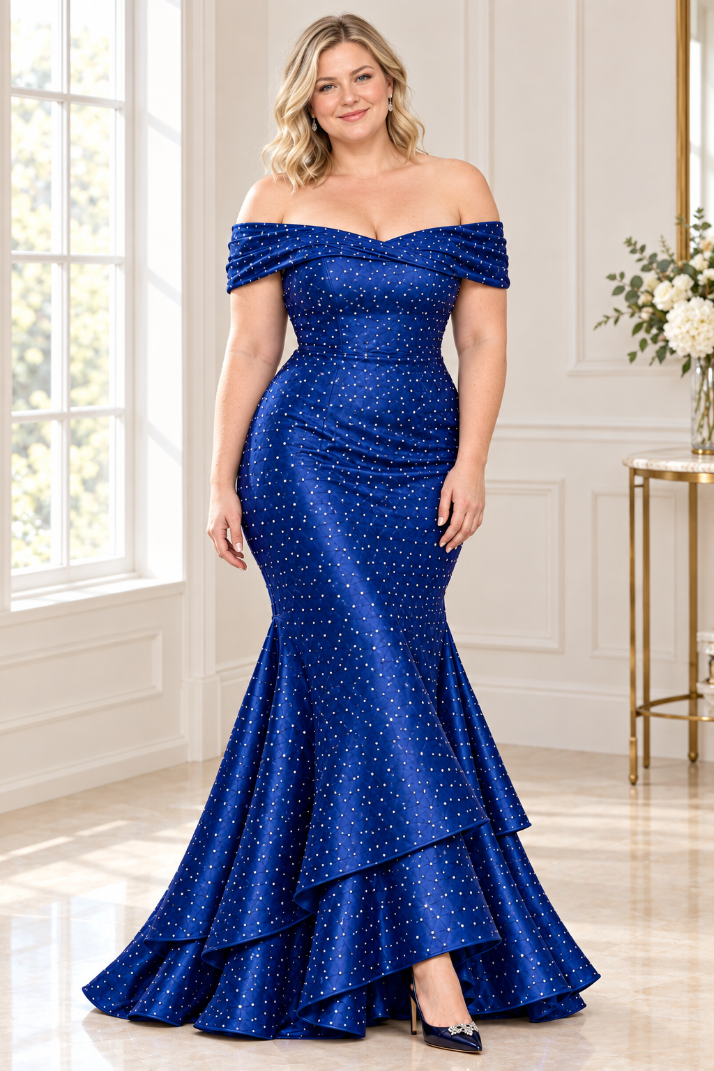 AI-generated styling concept of royal blue rhinestone prom gown on plus-size model