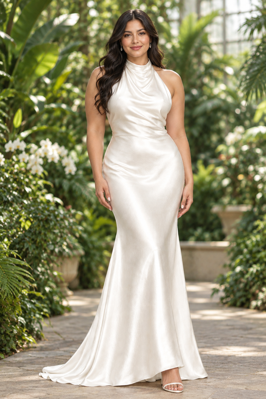 AI-generated styling concept of ivory halter cowl neck liquid satin mermaid wedding dress, size US 16