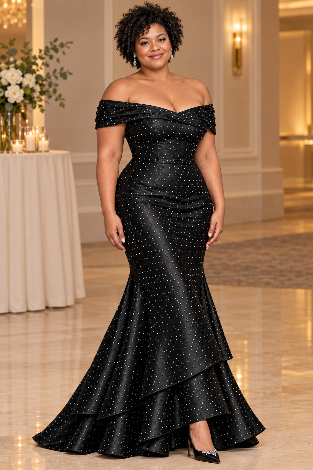 AI-generated styling concept of black rhinestone prom gown on plus-size model