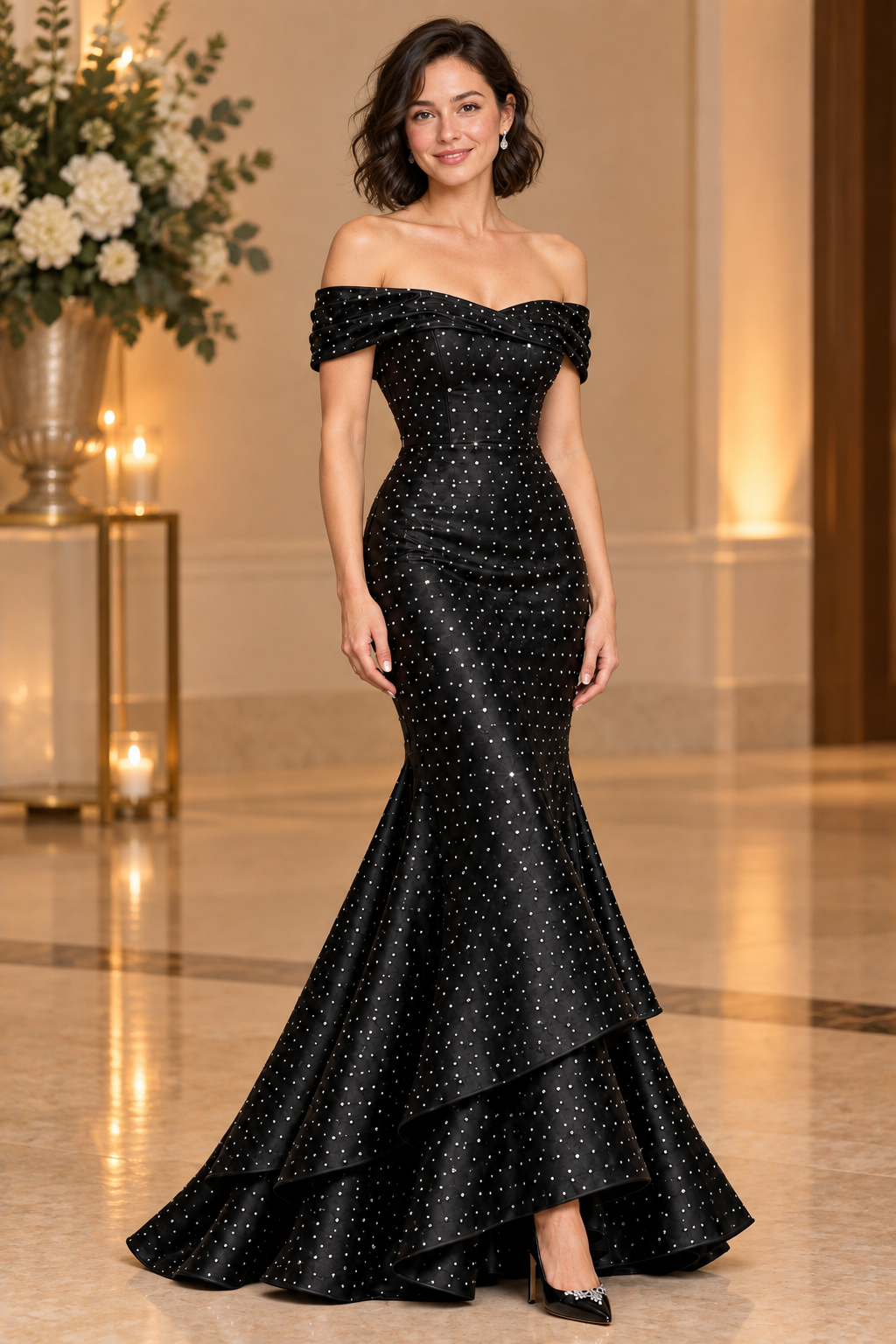 AI-generated styling concept of black rhinestone prom gown on petite model