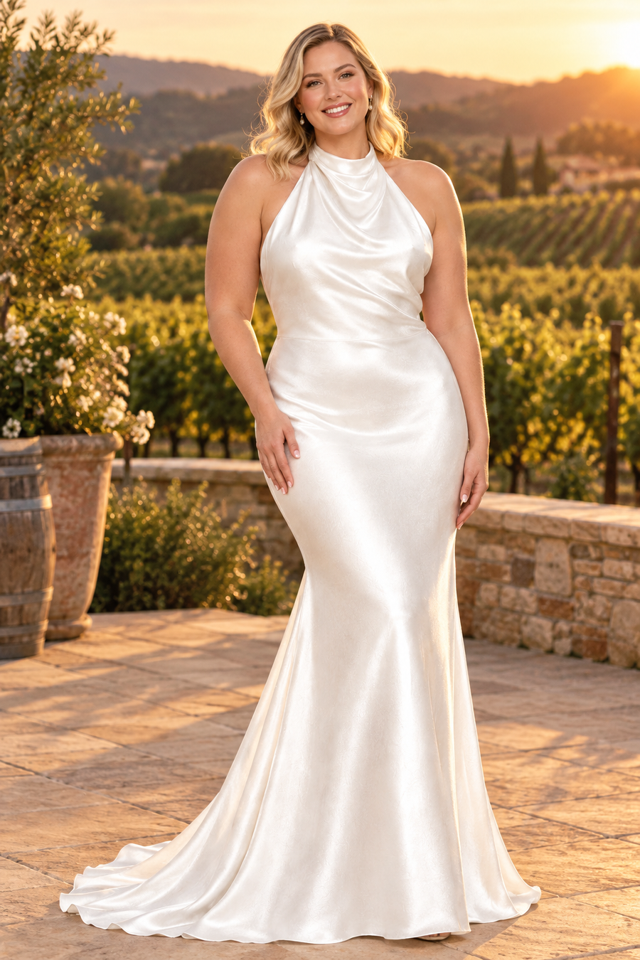 AI-generated plus-size styling concept of ivory halter cowl neck liquid satin mermaid wedding dress, size 22W