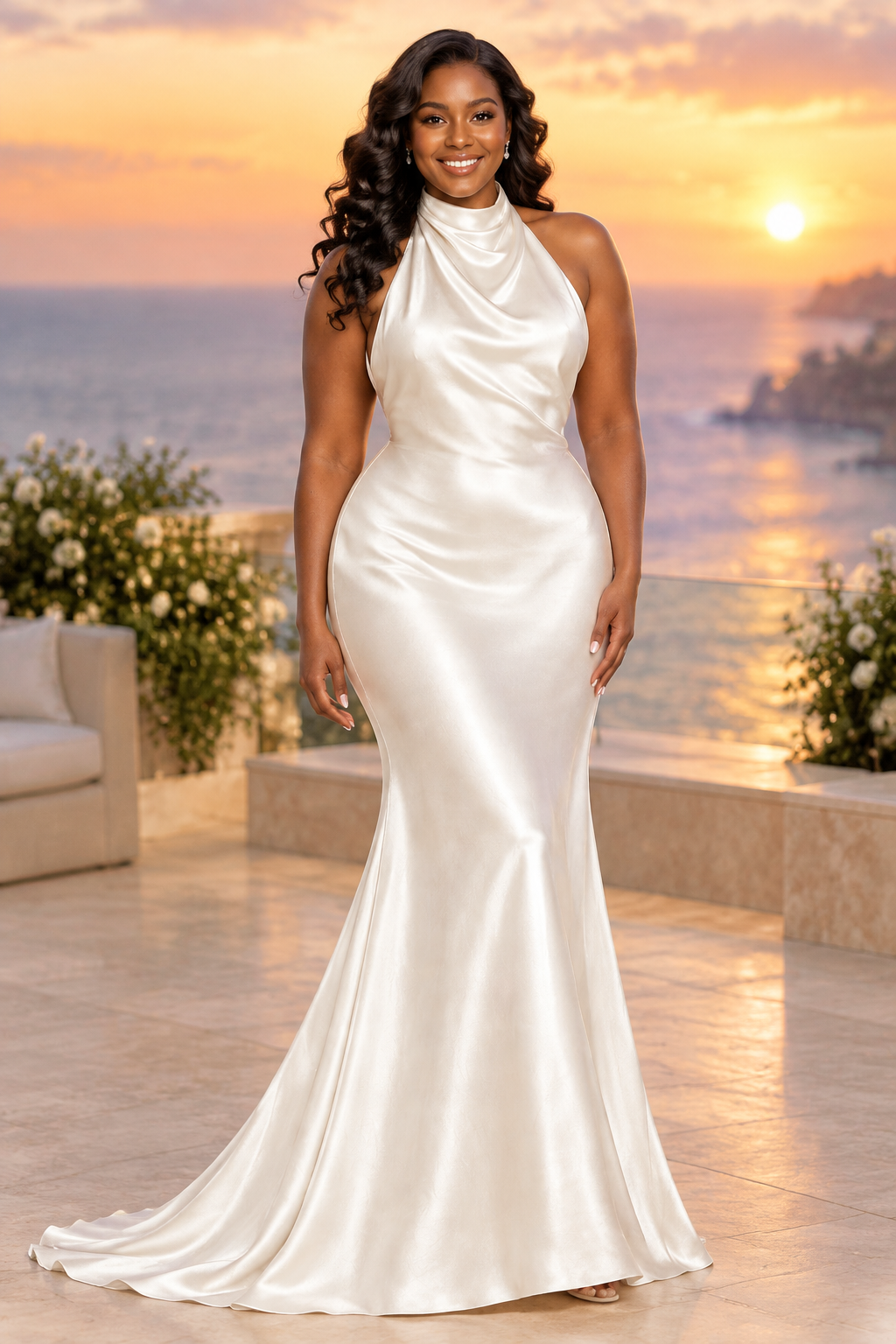 Ivory halter cowl neck liquid satin mermaid wedding dress, size 18W on-model look