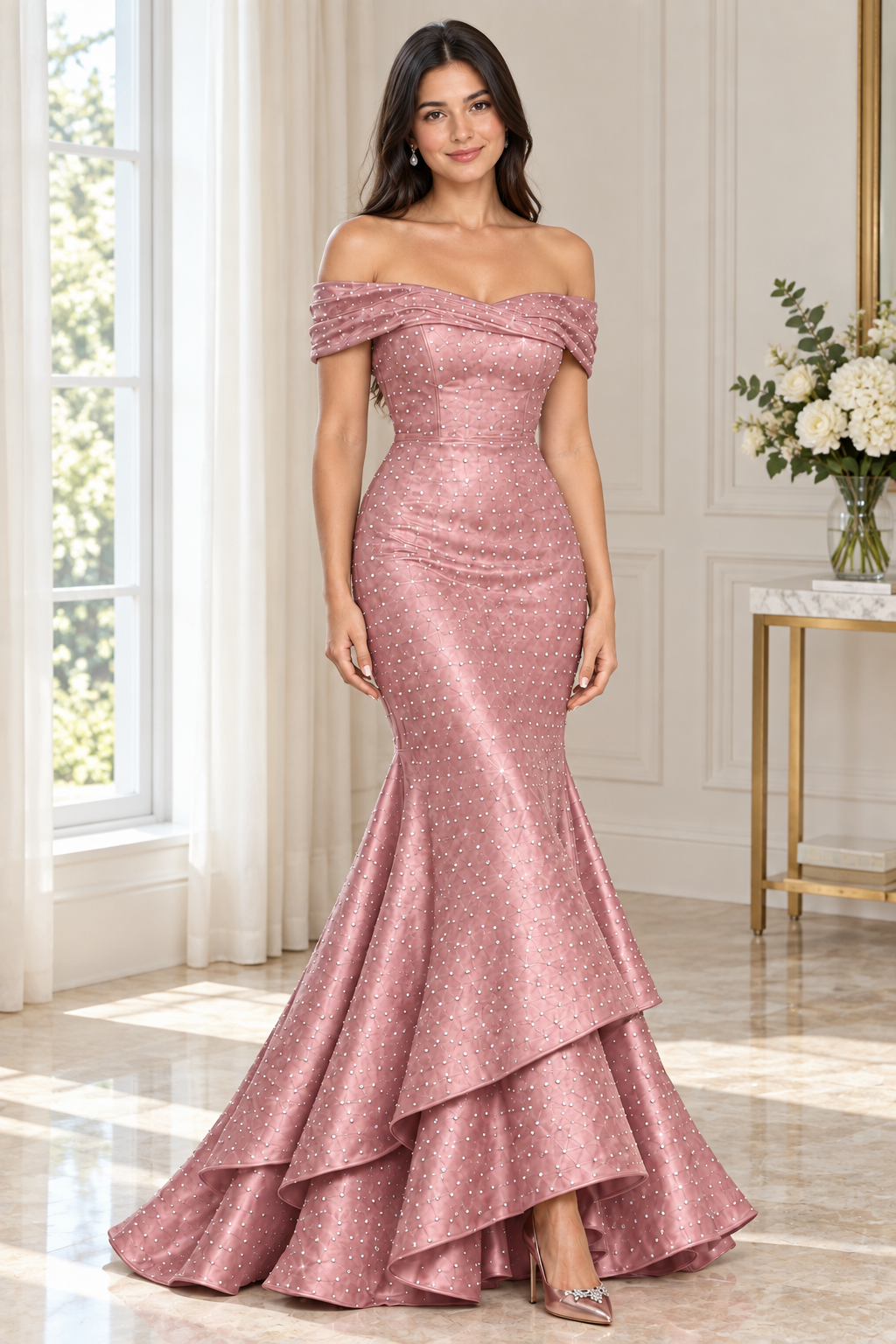 AI-generated styling concept of dusty rose rhinestone prom gown