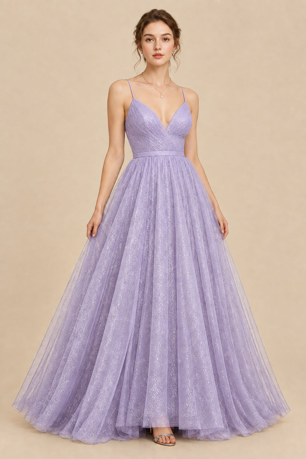lavender glitter tulle V-neck ball gown prom dress, front view