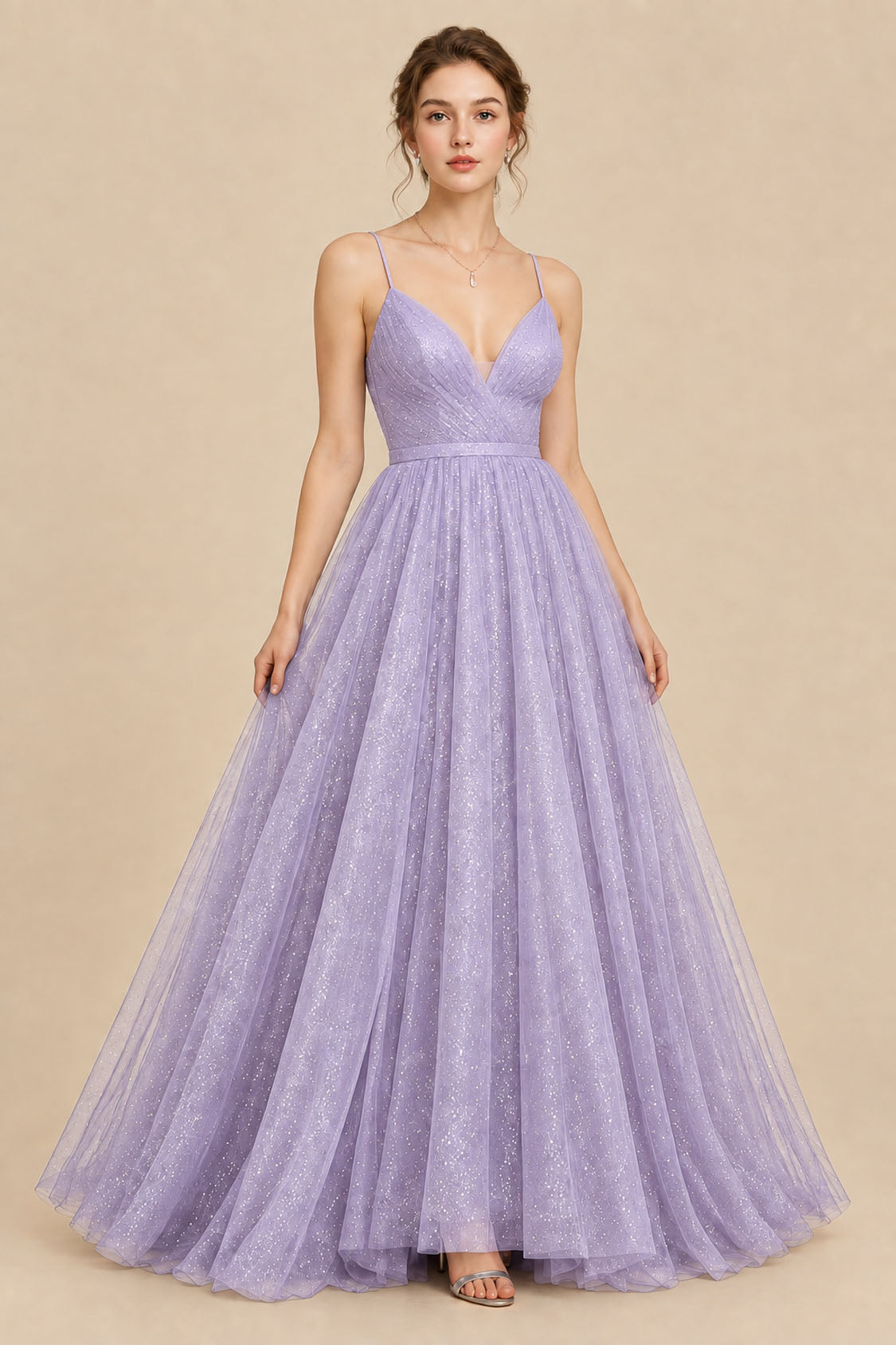 lavender glitter tulle V-neck ball gown prom dress, front view