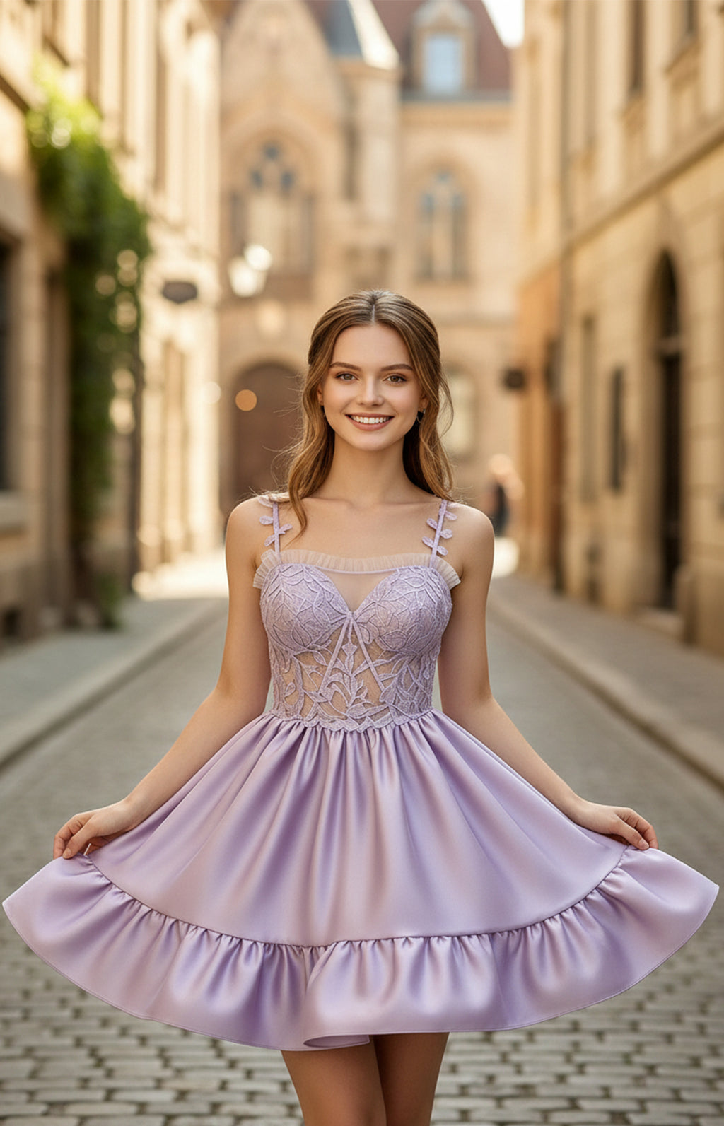 Lavender embroidered satin mini dress with tie bow straps and ruffle hem – front view | Xalpheor