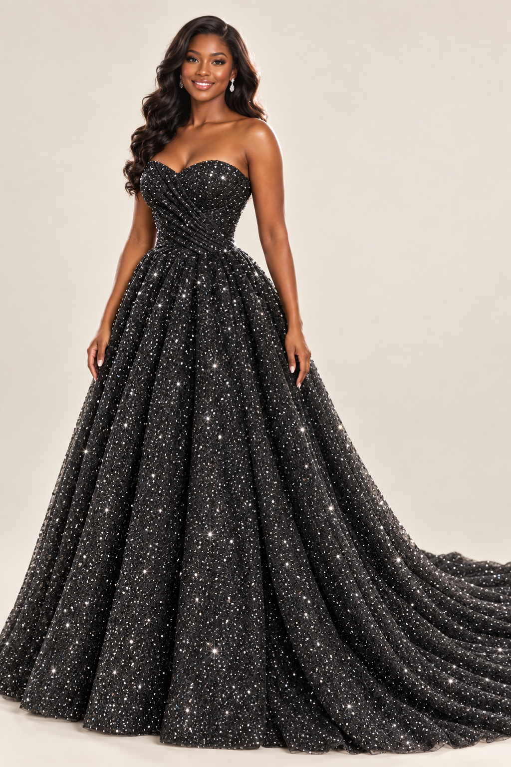 black royal blue glitter tulle strapless sweetheart ball gown prom dress with draped bodice and chapel train, front view