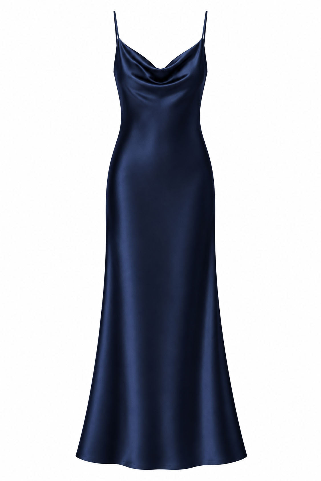 navy Satin Cowl Neck Mermaid Midi Dress – Front View