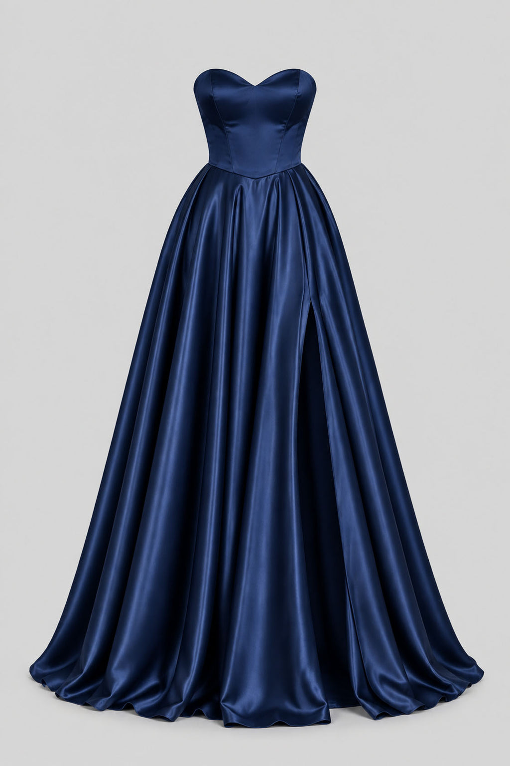 navy satin sweetheart A-line prom dress front view with slit