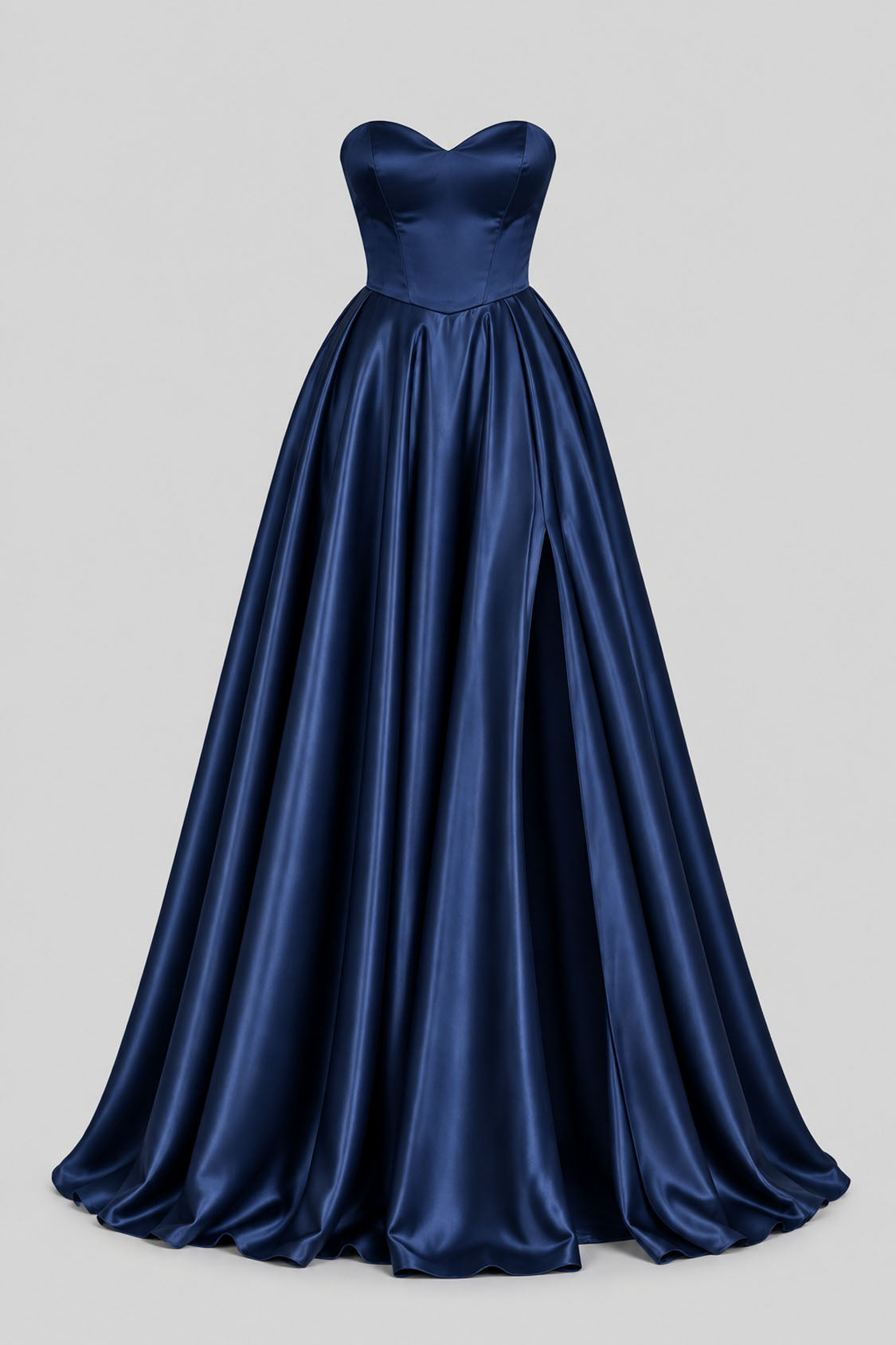 navy satin sweetheart A-line prom dress front view with slit