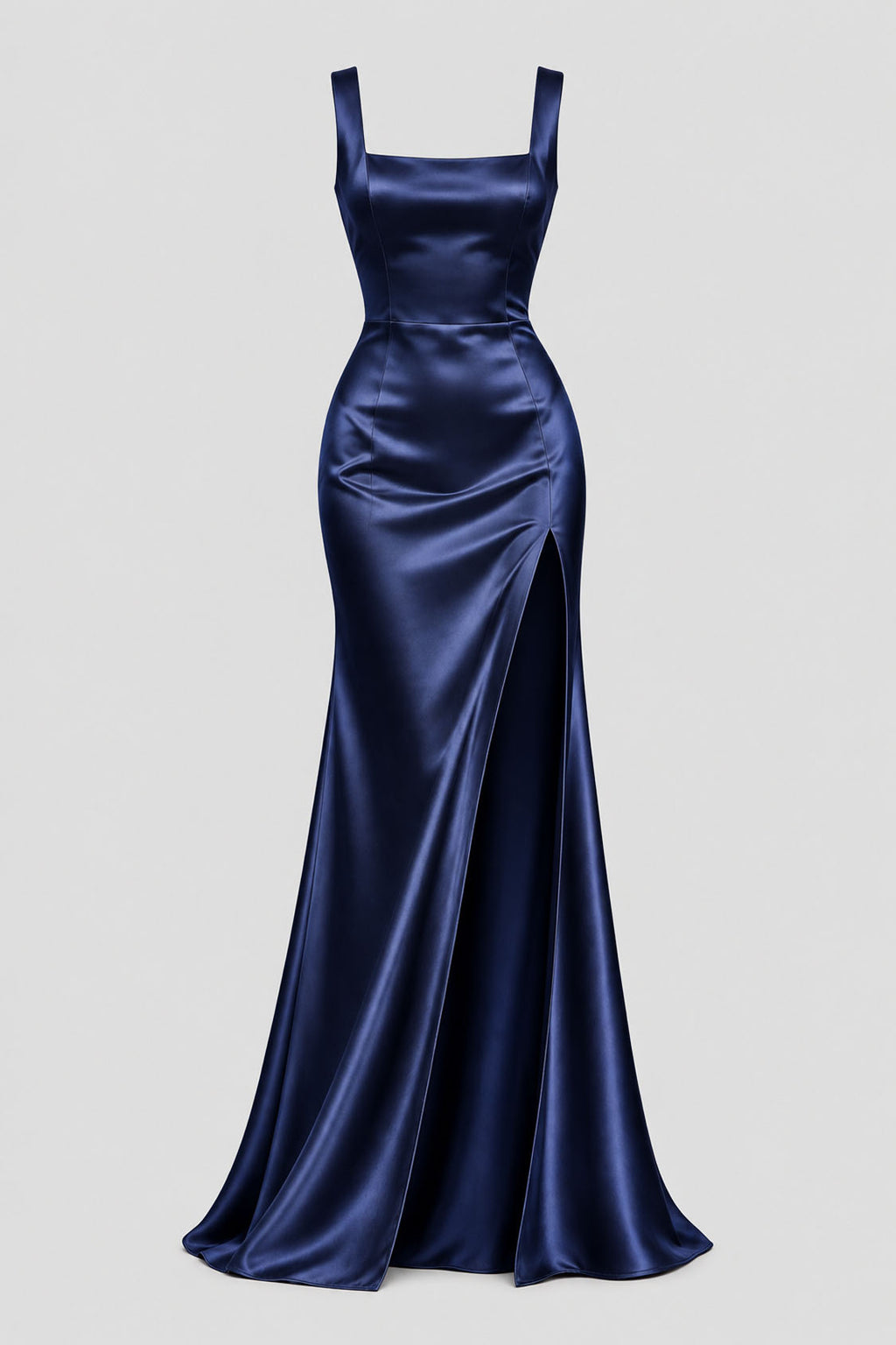 navy blue satin square neck mermaid evening dress with high slit, front view