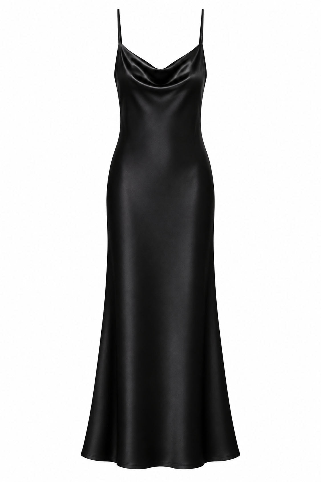 black Satin Cowl Neck Mermaid Midi Dress – Front View