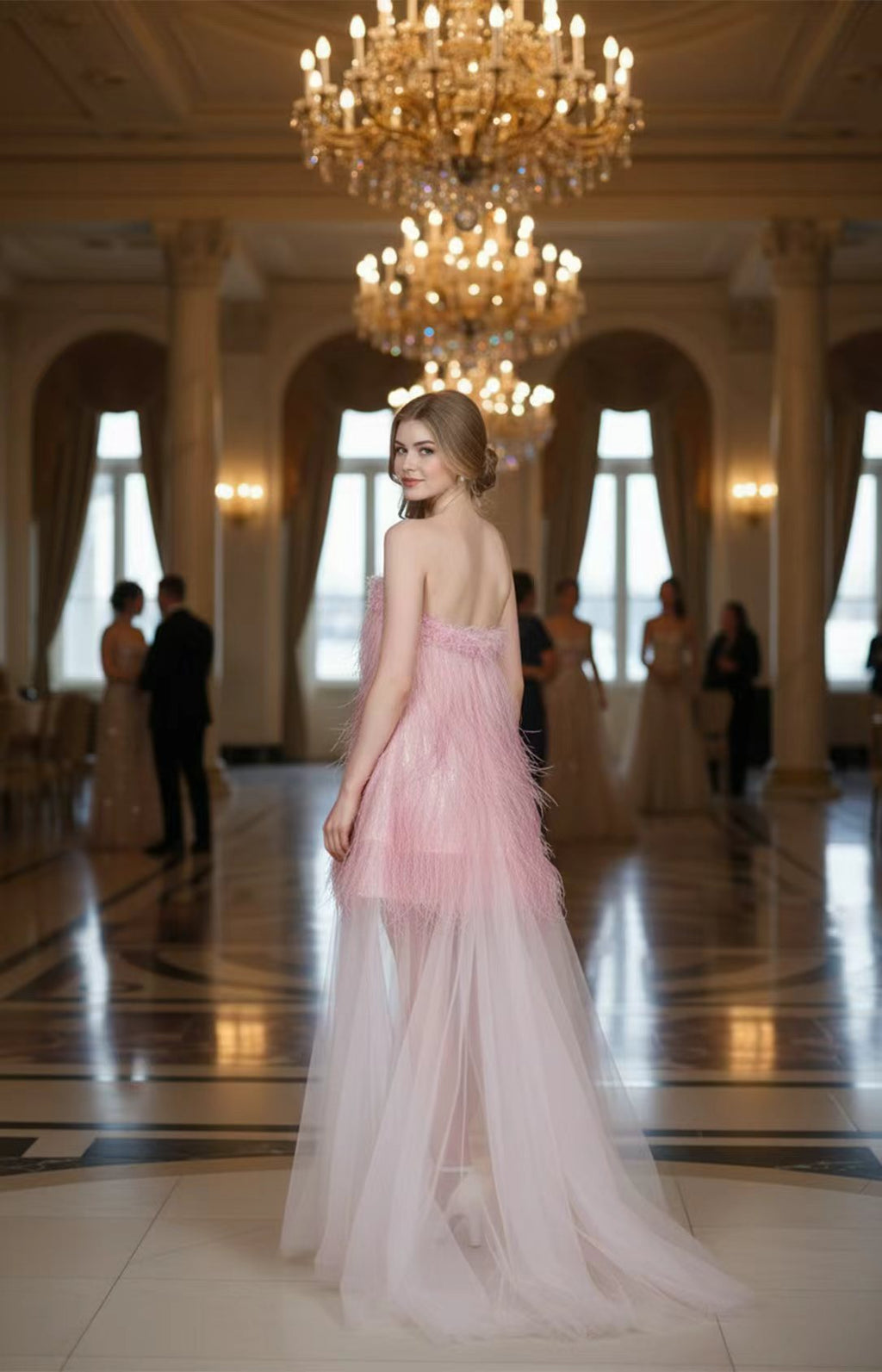 pink‑feather‑sequin‑strapless‑evening‑formal‑dresses‑back