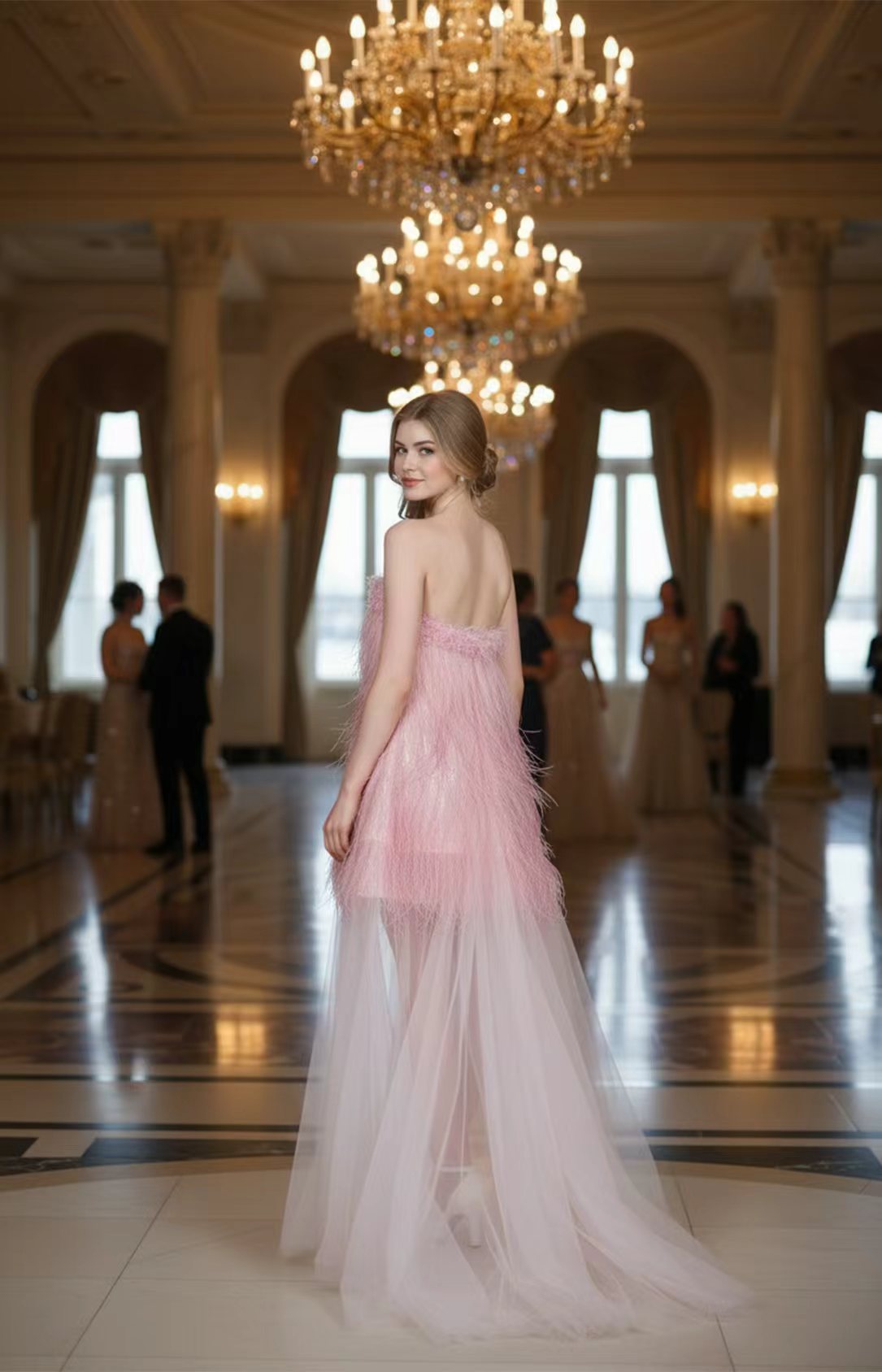 pink‑feather‑sequin‑strapless‑evening‑formal‑dresses‑back