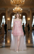 pink‑feather‑sequin‑strapless‑evening‑formal‑dresses‑front