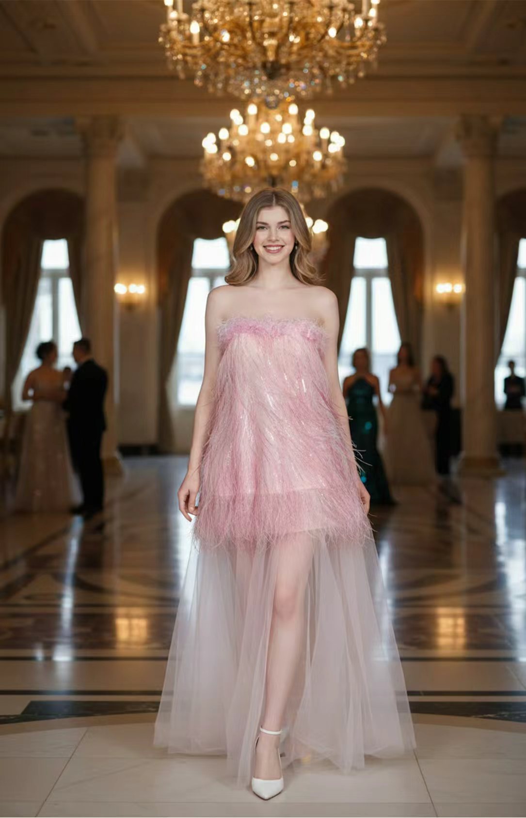 pink‑feather‑sequin‑strapless‑evening‑formal‑dresses‑front