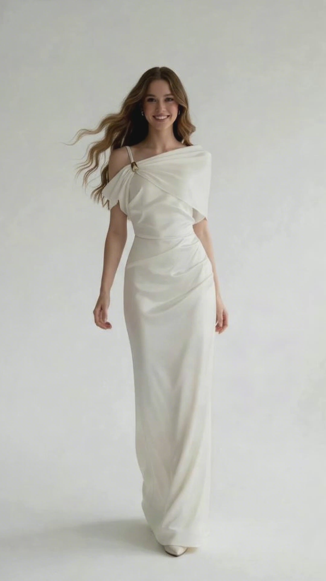 White Elegant Satin One-Shoulder Draped Evening Gown & Prom Dress Video