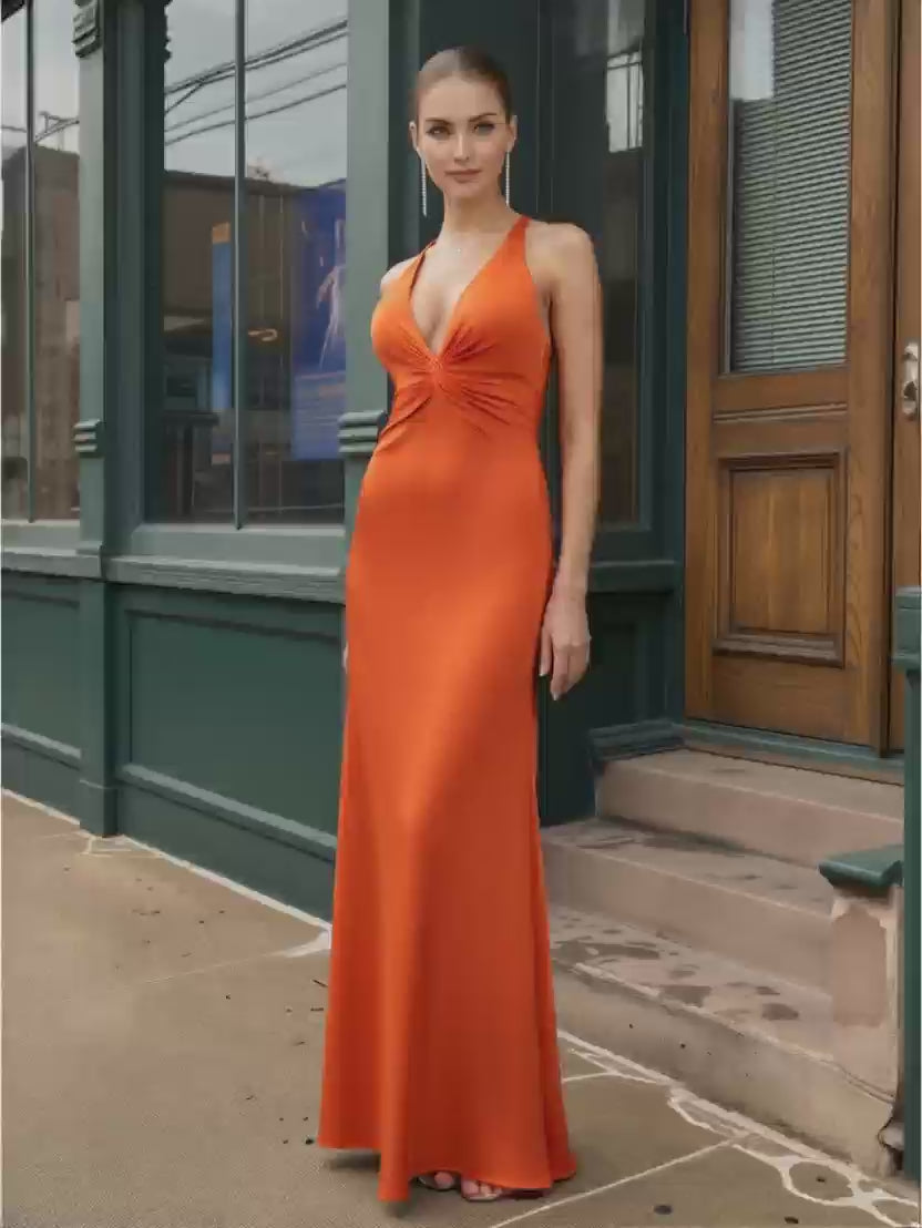 Glamorous Sheath Plunging V-neck Sleeveless Satin Floor-length Twist-front Evening Gown