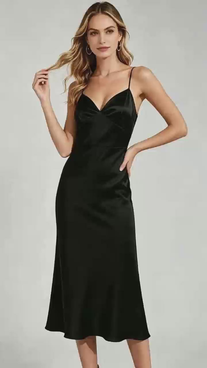 Black Satin Spaghetti Strap Midi Dress Deep