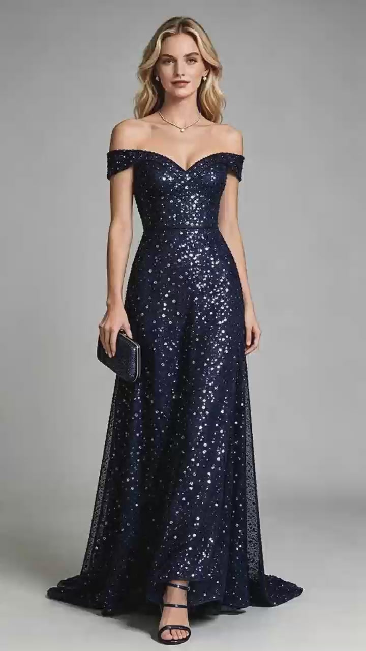 Navy Off The Shoulder Sequin Tulle A-Line Long Prom Gown Front View