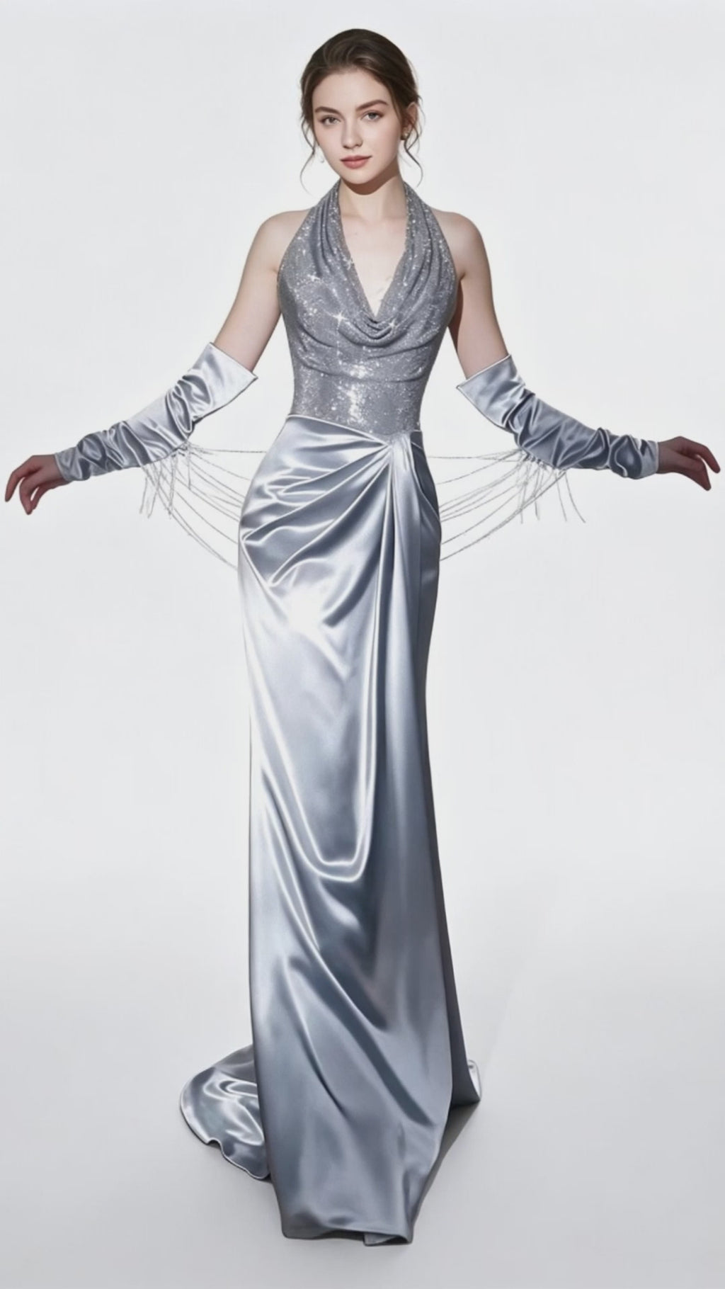 Silver Halter Satin Rhinestone Chain Fringe Long Mermaid Evening Gown