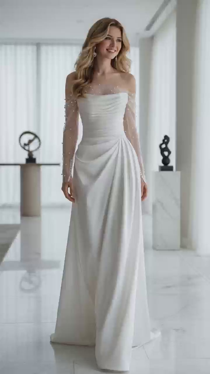 Ivory HTimeless Wedding Dress Off‑the‑Shoulder A‑Line With Beaded Detachable Tulle Long Sleeves Video