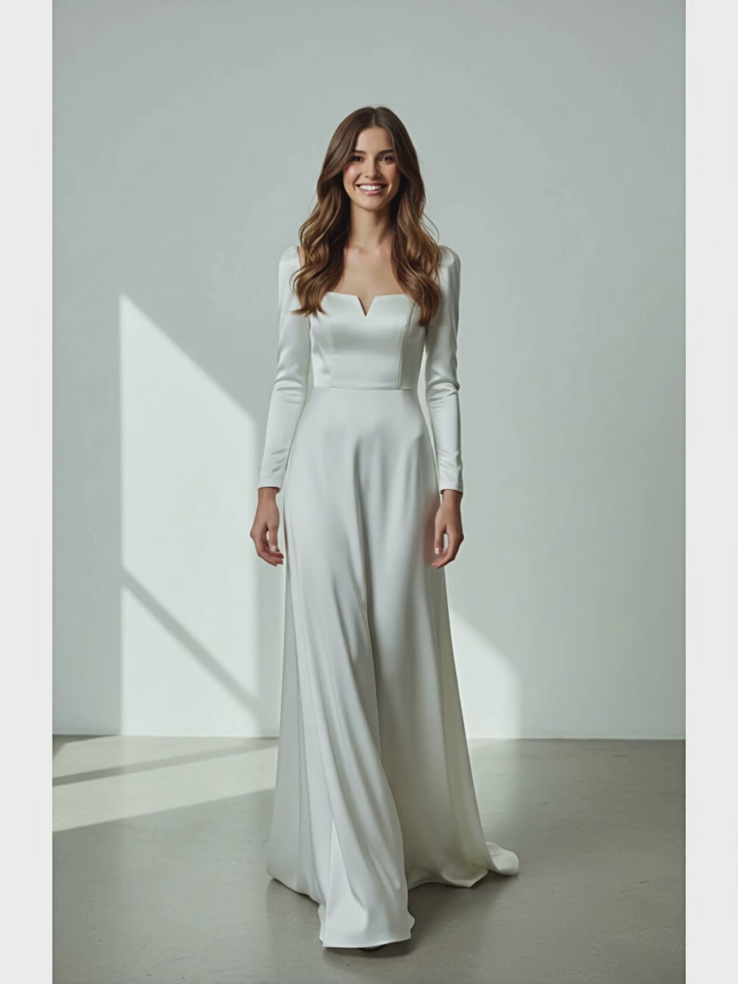 Xalpheor White Navy Blue Heavy Satin Long Sleeve Wedding Dress Back View Video