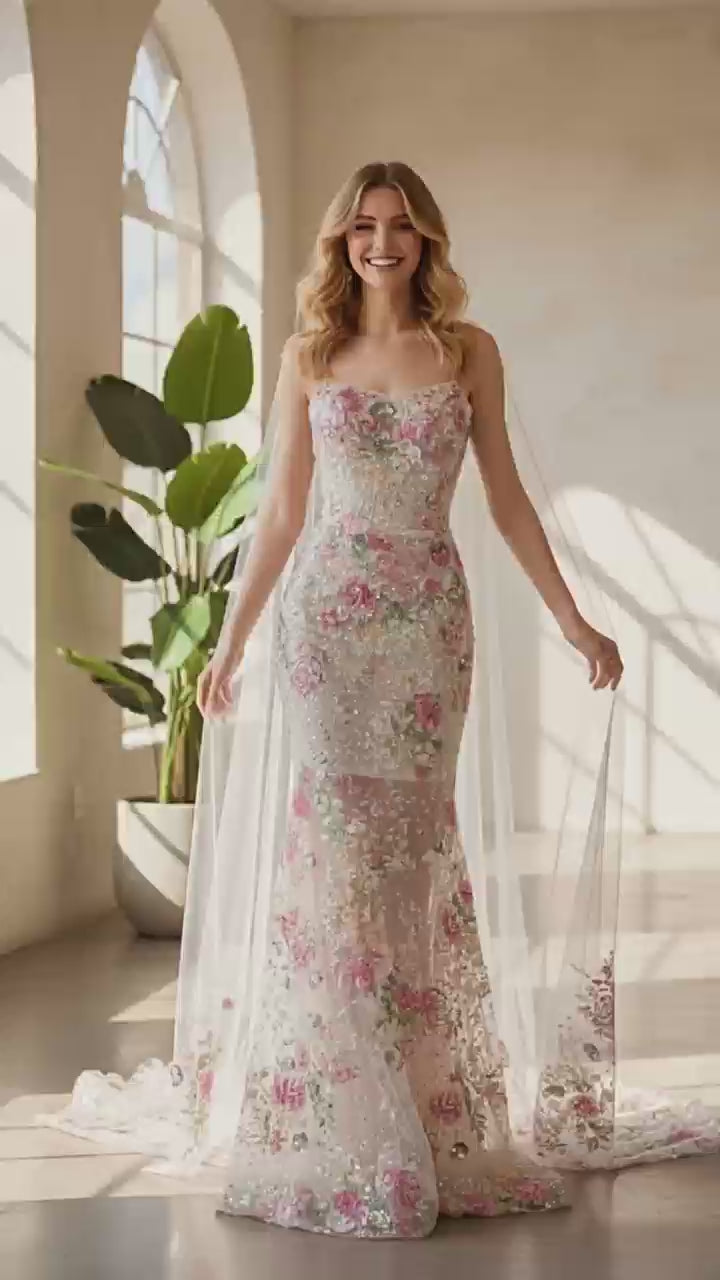 Ivory Pink Floral Beaded Tulle Mermaid Cape Prom Dress
