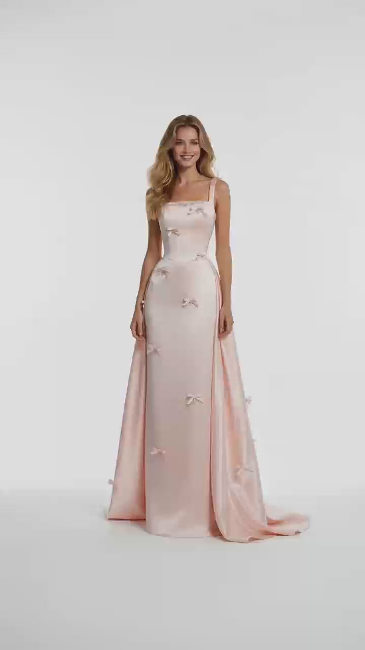 Blush satin square neck long prom dress with 3D bows for plus size women