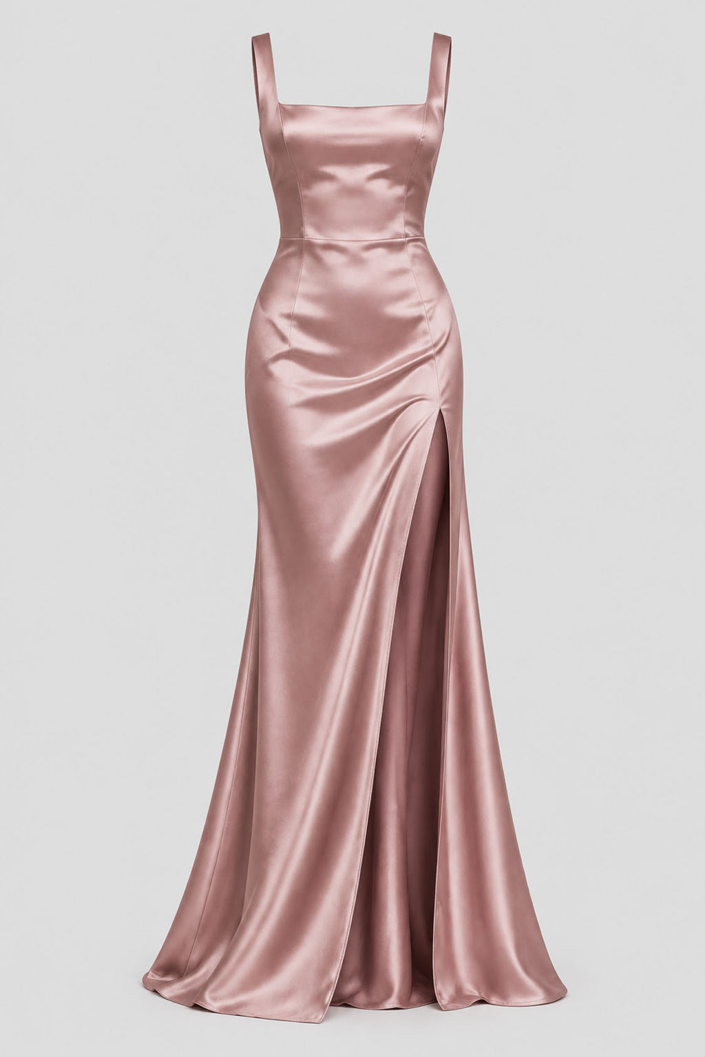 rose satin square neck mermaid evening dress with high slit, front view