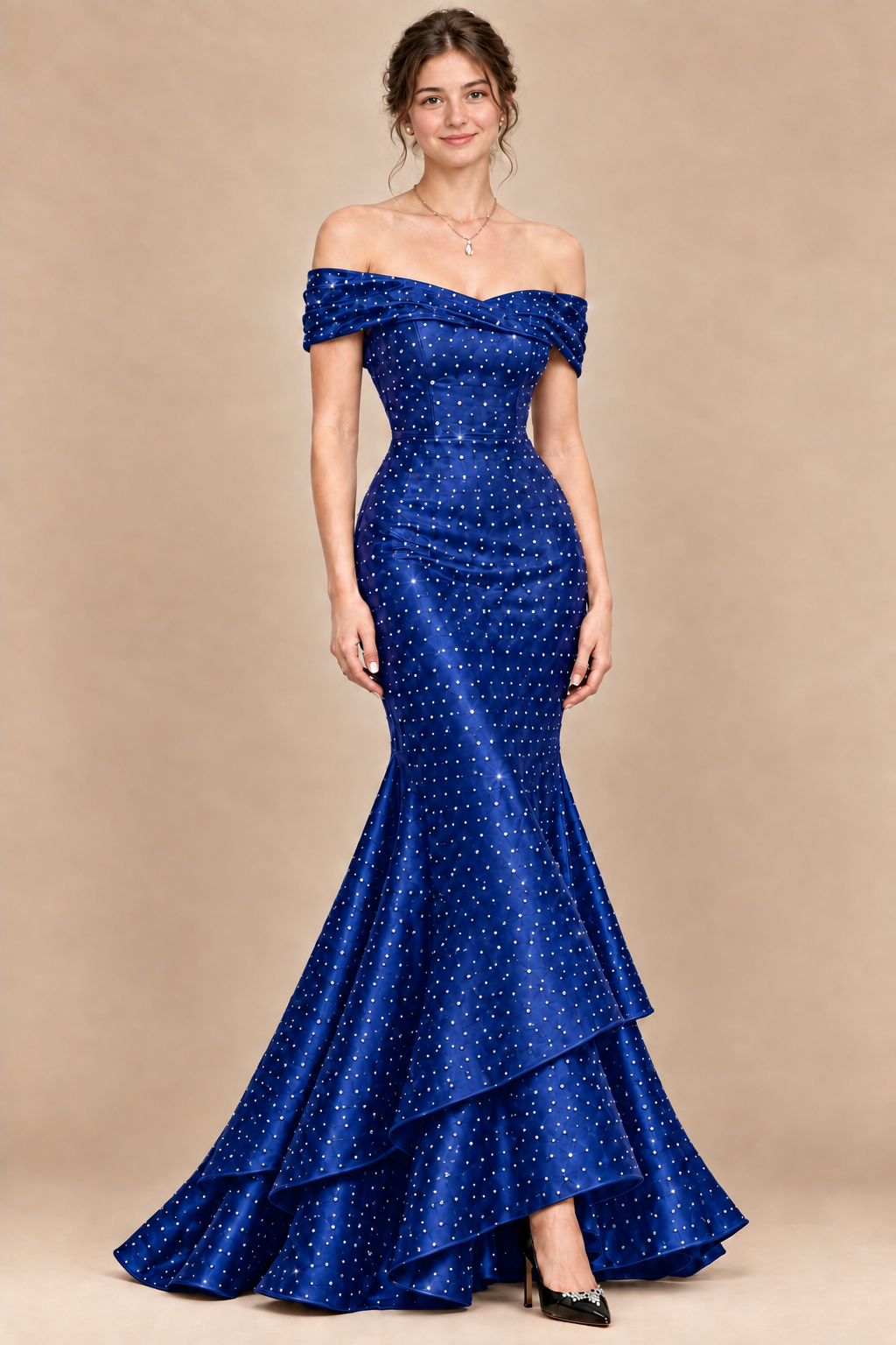 Black Off-the-Shoulder Satin Rhinestone Mermaid Prom Dress